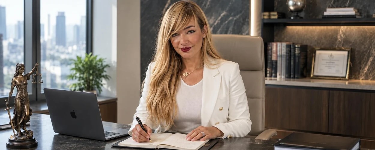 Profesional de asesoría empresarial trabajando en una oficina ejecutiva con ordenador portátil y documentos sobre el escritorio.