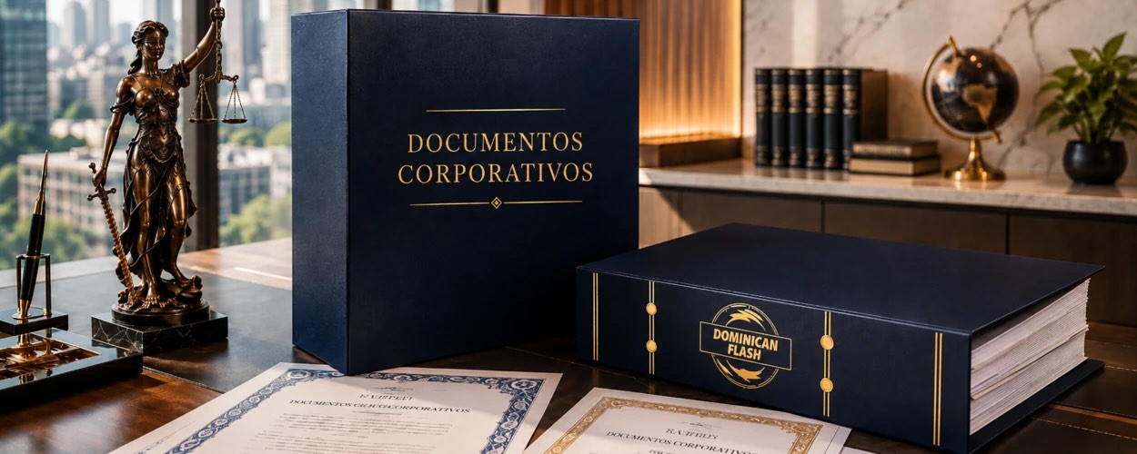 Carpetas de documentos corporativos de DominicanFlash, con certificados empresariales sobre un escritorio de oficina.